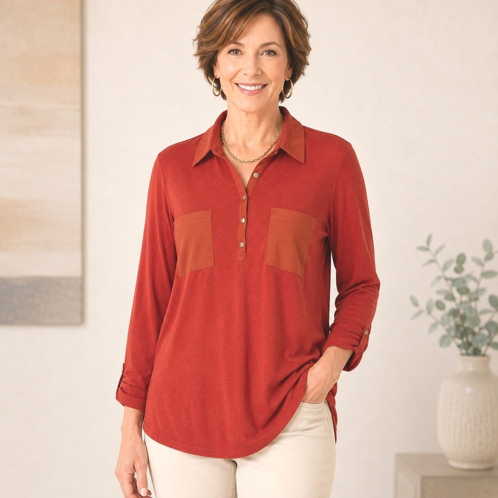 Chico's Size 3 Burnt Orange Collared Henley XL Roll Tab Top Travel Career Casual
